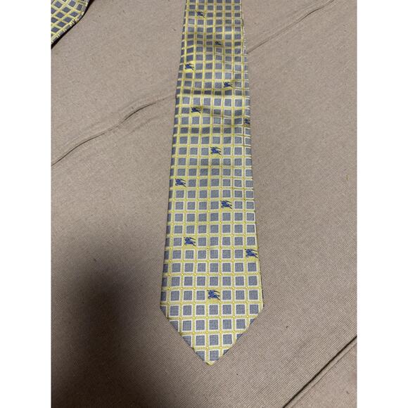 Burberry Tie Mens One Size Yellow Blue Check Equestrian Knight Silk Italy - Picture 5 of 11